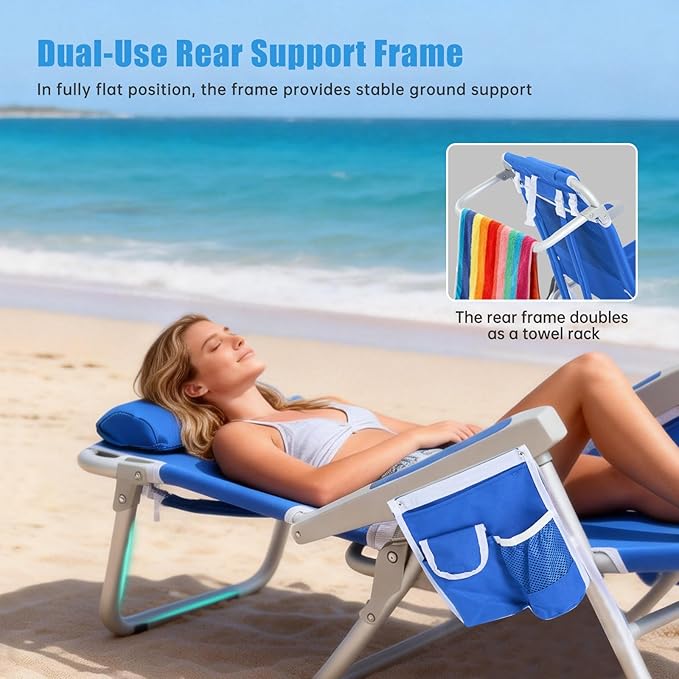 SUNNYFEEL Low Beach Chair 5 Position Lay Flat, Portable Folding Backpack Beach Chairs Heavy Duty with Cooler Bag, Cup Holder for Outdoor/Lawn/Trip/Picnic/Fishing, Foldable Camping Chair (New Blue)