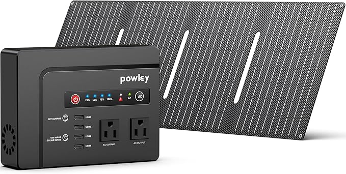 Powkey Solar Powered Generator, 200W Portable Power Station with Solar Panels 40W, 146Wh Power Bank with 2 AC Outlet 110V Pure Sine Wave for Outdoor Camping Emergency Home