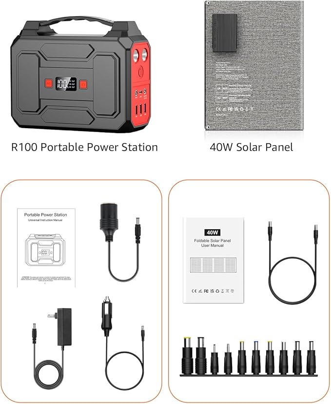 Solar Powered Generator 200W Peak/100W Rated, Portable Generator Power Station with Solar Panels 40W Included, 146Wh Solar Power Bank with AC Outlet 110V for Home Use Camping Outdoor Adventure