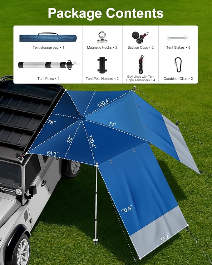 Portable Car Awning for SUV/Truck RV, Shade Waterproof Roof Rack Awning with Side Wall, Heavy Duty Magnets, Suction Cups & Reinforced Poles for Overland, Camping, Beach, Tailgating (Blue)