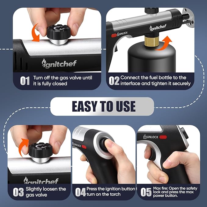 Propane Torch Gun with One-Touch Max Fire, Kitchen Blow Torch with a Safety Lock for Sous Vide Searing Steak, Grill, Charcoal Starter, Campfire(Propane Tank Not Included)