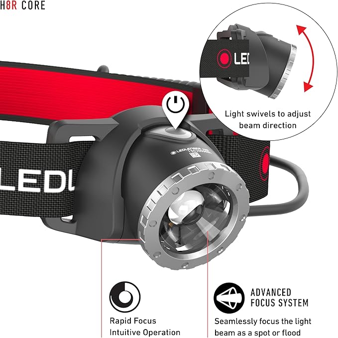 Ledlenser H8R Lightweight Headlamp - Black, 600 Lumens - 120-Hour Runtime Rechargeable Work Light - Patented Rapid Focus & Runners Headlamp