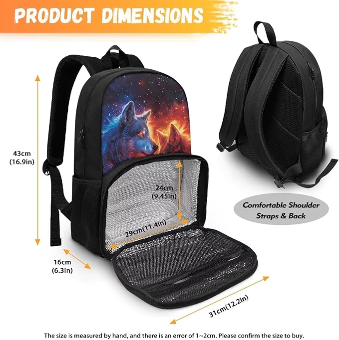 Fire Flame Wolf School Bag Backpack with Lunch Compartment 17in Travel Laptop Insulated Cooler Bag Box Hiking Picnic Camping Travel Casual Backpack Kids Daypack