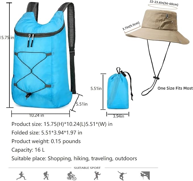16L Foldable Backpack & Bucket Hat 2 In 1 Combo, Lightweight packable Travel Set, Compact Daypack with Sun Hat (Blue)