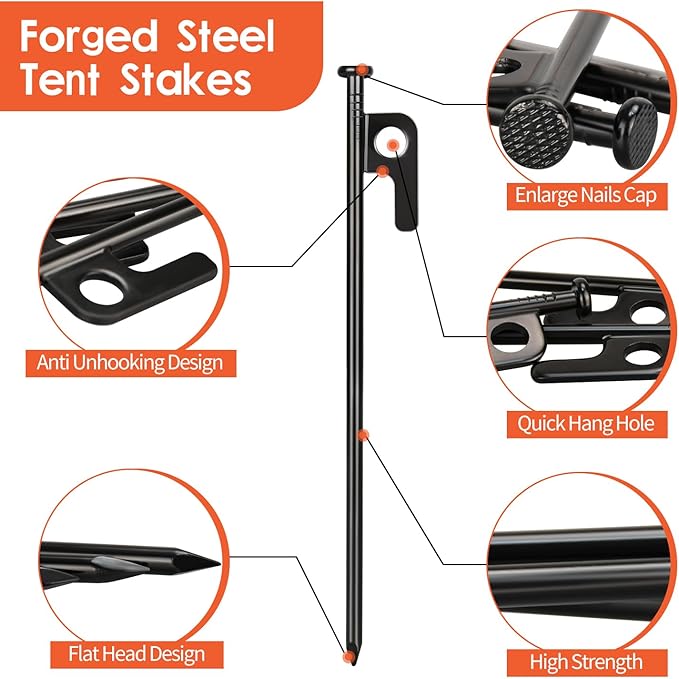 32 Pack Tent Stakes, 12in Heavy Duty Tent Stakes with Storage Bag, Forged Steel Tent Pegs for Camping