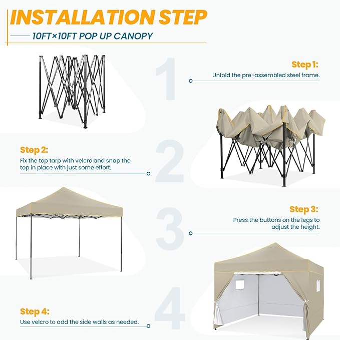 COBIZI 10x10 Pop Up Canopy Tent Commercial Heavy Duty Instant Canopy with 4 Sidewalls, UV 50+ Silver Coated Waterproof Vendor, Portable Shelter with Carry Bag, Event Tent for Parties, Khaki