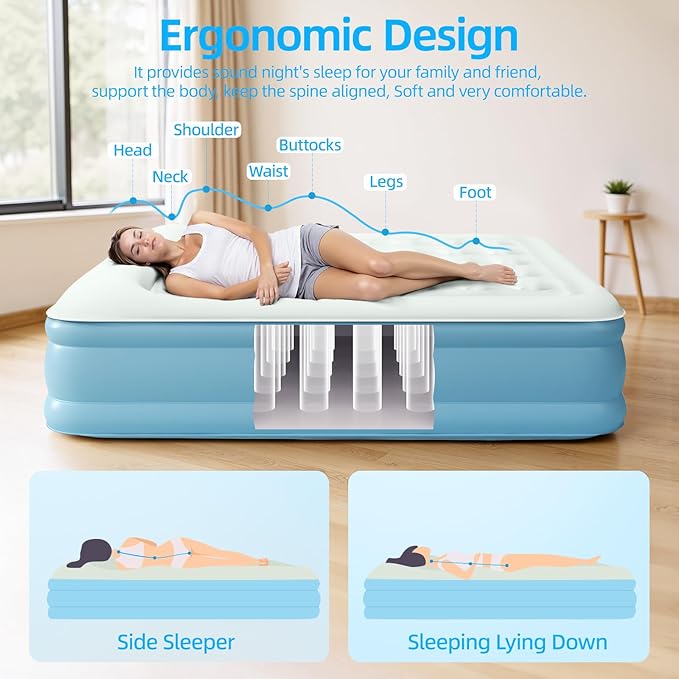 Air Mattress Queen with Built in Pump, Blow Up Mattress 18 Raised Comfort, Upgraded Surface Portable Air Bed with Pillow, Inflatable Mattress for Camping, Home and Guest, 650 lbs Max