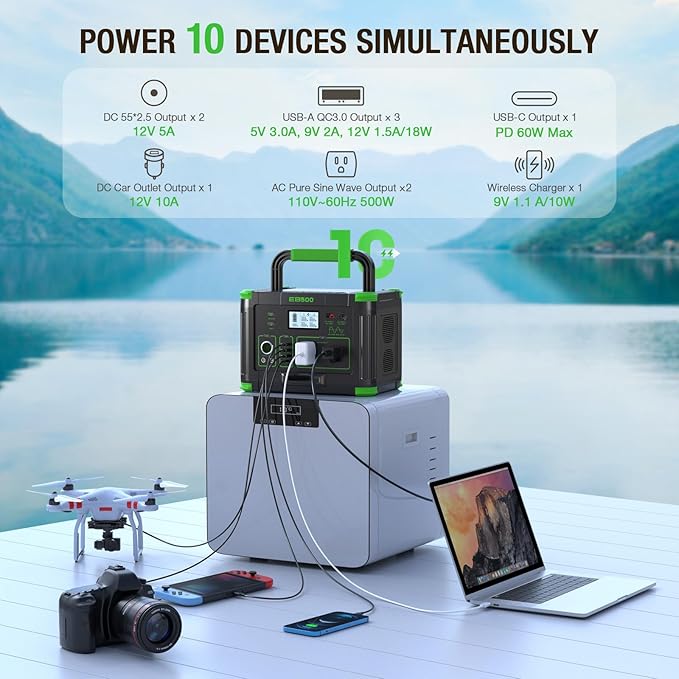 500W Portable Power Station, 519Wh Outdoor Solar Generator Backup Battery Pack with 2 110V AC Outlets, 500W (Peak 1000W) 10-Port Powerhouse for RV/Van Camping Fishing Climbing Road Trip Home Emergency