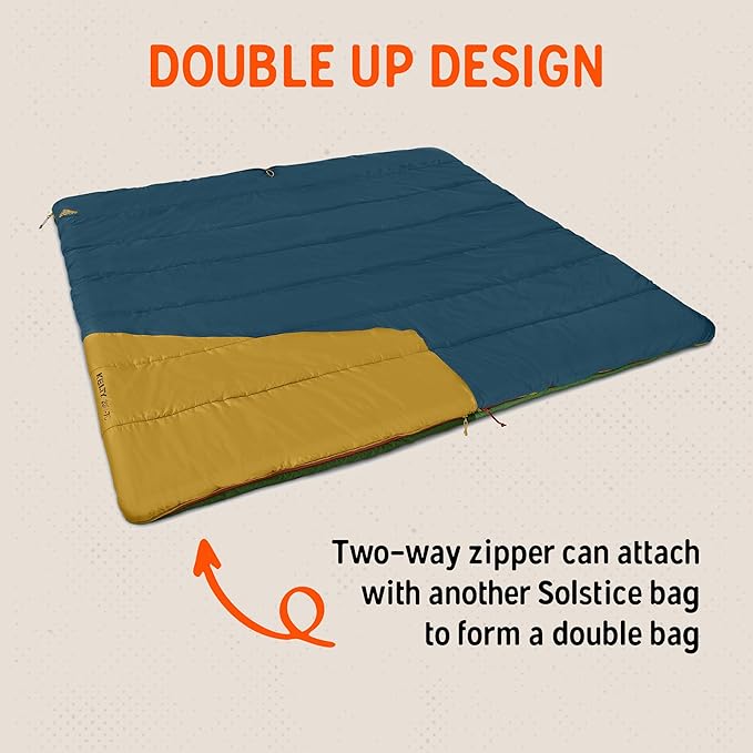 Kelty Solstice 20 Oversized Camping Sleeping Bag, Spacious Rectangular Shape, Zip Together for 2P, Anti-Snag Zips, Internal Pocket