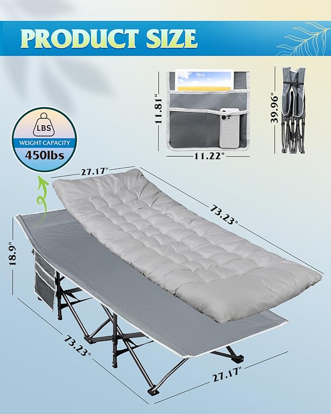 WLIVE 1200D Double Layer Oxford Camping Cots with Mattress for Adults, Foldable Cot for Sleeping, Outdoor Camping Bed with Carry Bag for Resting, Camping, Greige