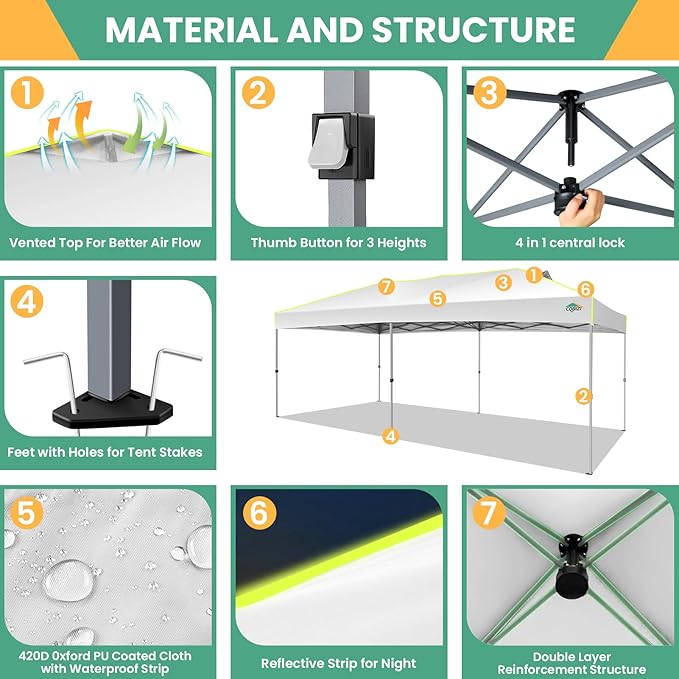COBIZI 10x20 Pop Up Canopy Tent, Outdoor Party Tent with 6 Sidewall One Push Setup Glow, 3 Adjustable Height Air Vent Waterproof UPF50+, Bag, 4 Sandbag, 6 Stake, 12 Rope for Beach, Commercial