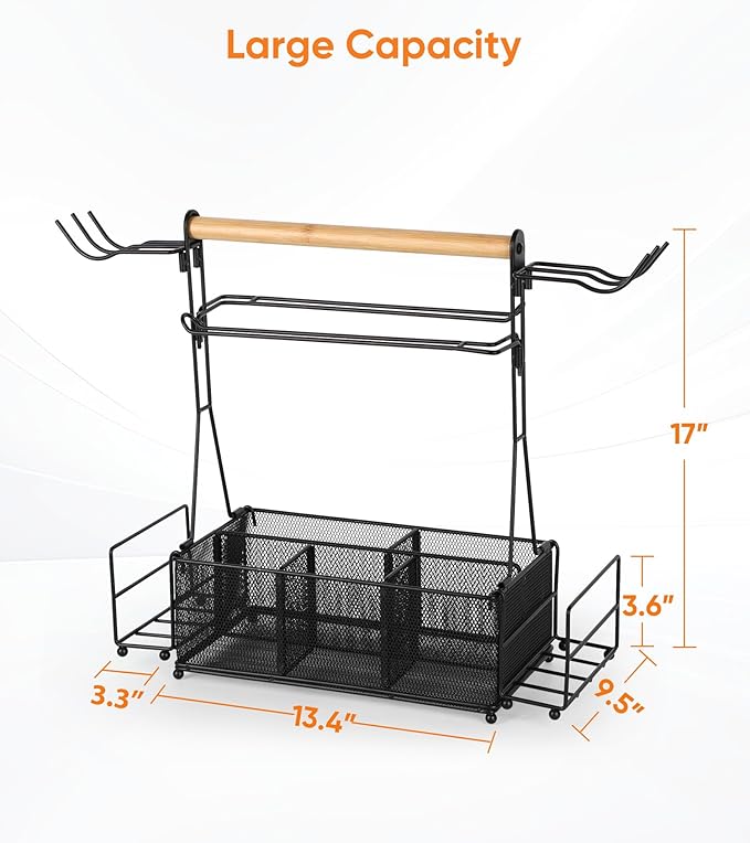 Grill Caddy Barbecue Tool Sets for Outdoor Grill, Picnic BBQ Caddy Picnic Utensil Condiment Organizer, BBQ Accessories Camping Gifts with Paper Towel Holders, Compartments & Hooks