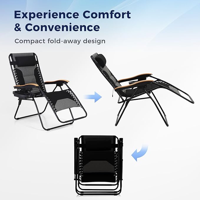 MAISON ARTS Oversized XXL Padded Zero Gravity Chair Set of 2, 30" Wide Seat Foldable Patio Recliner, Anti Gravity Outdoor Lawn Chair with Cup Holder & Pillow, Supports 400lbs, Black & Grey