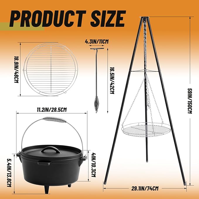 Maxdot Camping Tripod Dutch Oven for Camp Fire Cooking Equipment, 4 Quart Cast Iron Dutch Oven with Lid, Adjustable Height Tripod Campfire Lantern Hanger, Grill Grate, Cap Remover for over Fire Pit
