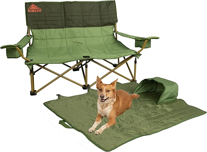 Kelty Low Loveseat Oversized 2-Person Heavy Duty Folding Camp Chair, Double Seat for Soccer Games, Tailgating, Beach Days (Low Height/Dill)