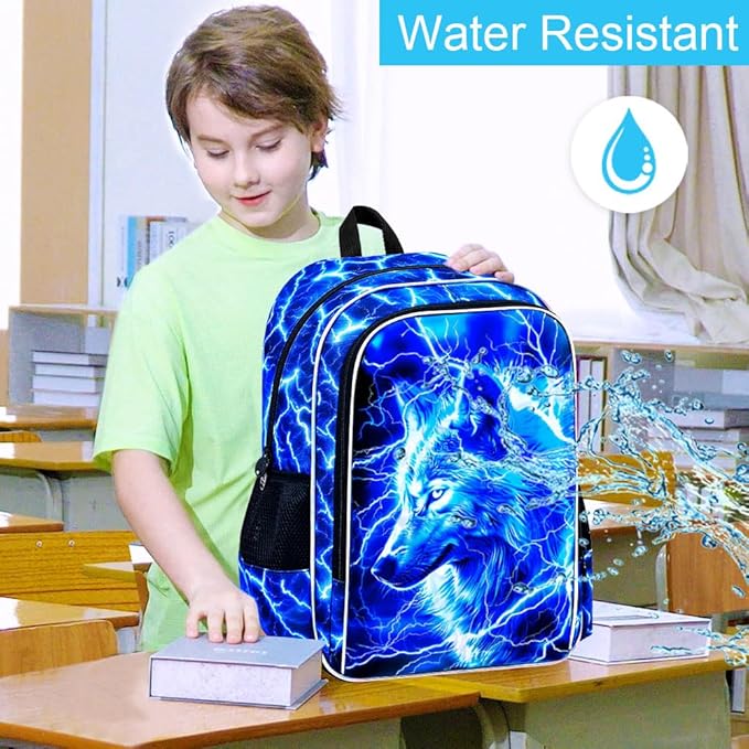 3Pcs Wolf Backpack for Boy, 17" Lightning Bookbag for Elementary Preschool Kindergarten, Kids School Backpacks with Lunch Box (Blue)