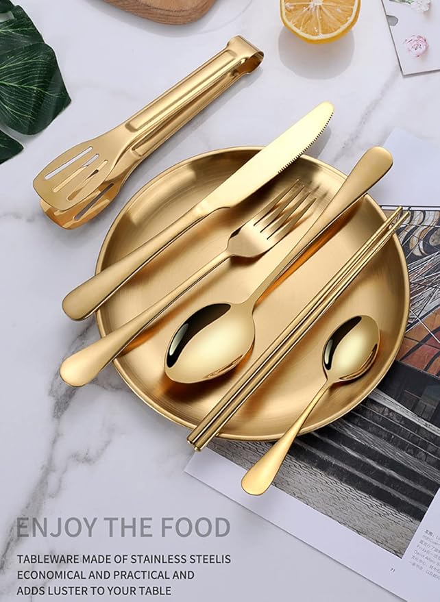 Travel Portable Gold Silverware Set With Case Stainless Steel Camping Flatware Set 10 Piece Modern Cutlery Tableware Utensils Set for Picnic and Other Outdoor Activities Mirror Polished