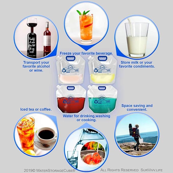 WaterStorageCube 3pc/5pc Premium Collapsible Water Container Bundle Cube + Bag, No BPA Camping Drink Storage Carrier Jug for Outdoors Hiking Backpack & Survival, No-Leak Foldable Portable & Freezable