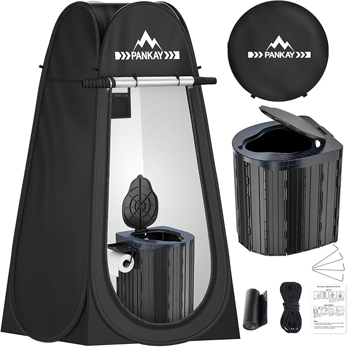 PANKAY Portable Toilet with Pop up Privacy Tent, X Large Camping Toilet Portable Potty for Adults, Outdoor Shower Tent Changing Room, Instant Pop Up, Washable Foldable Camp Toilet Kit with Carry Bag
