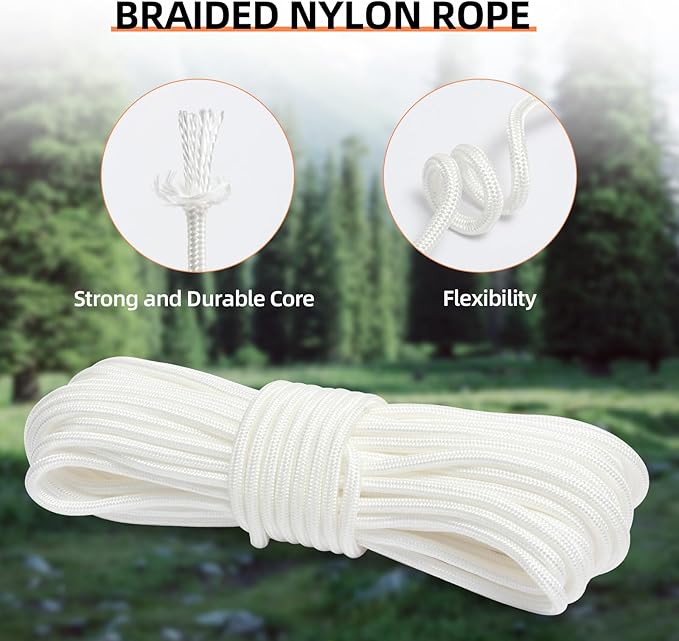Nylon Rope, 1/3 inch 100FT Nylon Poly Rope Utility Cord Strong Polyester for Camping, Hiking, Clothesline, Tie, Flag Pole, Marine, Outdoor Swing (8mm White)