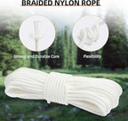 Nylon Rope, 1/3 inch 64FT Nylon Poly Rope Utility Cord Strong Polyester for Camping, Hiking, Clothesline, Tie, Flag Pole, Marine, Outdoor Swing (8mm White)