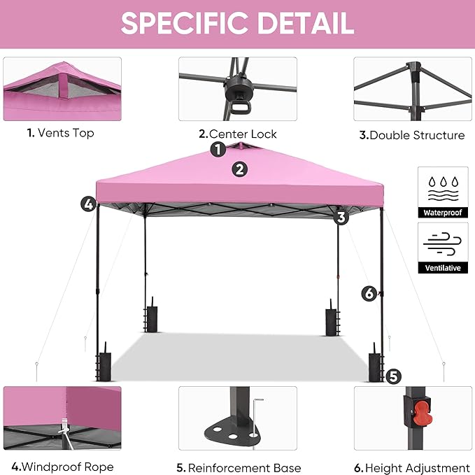 GDY 12x12 Pop Up Canopy Patio Carpas, One Push Set up with Central Lock Canopy with Wheeled Carry Bag, Included 4 Sandbaogs,8 Stakes and 4 Ropes, Pink