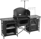 VEVOR Camping Kitchen Table, Outdoor Camp Cooking Table, Aluminum Portable Cook Station with 3 Storage Cupboard, Carrying Bag, Detachable Windscreen, Quick Set-up for BBQ Party Picnic RV Travel, Black