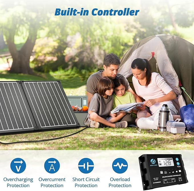 ACOPOWER 100Watt 12 Volt Portable Solar Panel with Waterproof 20A Charger Controller,20ft Extension Cable, SAE Adapter Anderson Connector,Foldable Solar Panel Kit Monocrystalline for Camping, RV