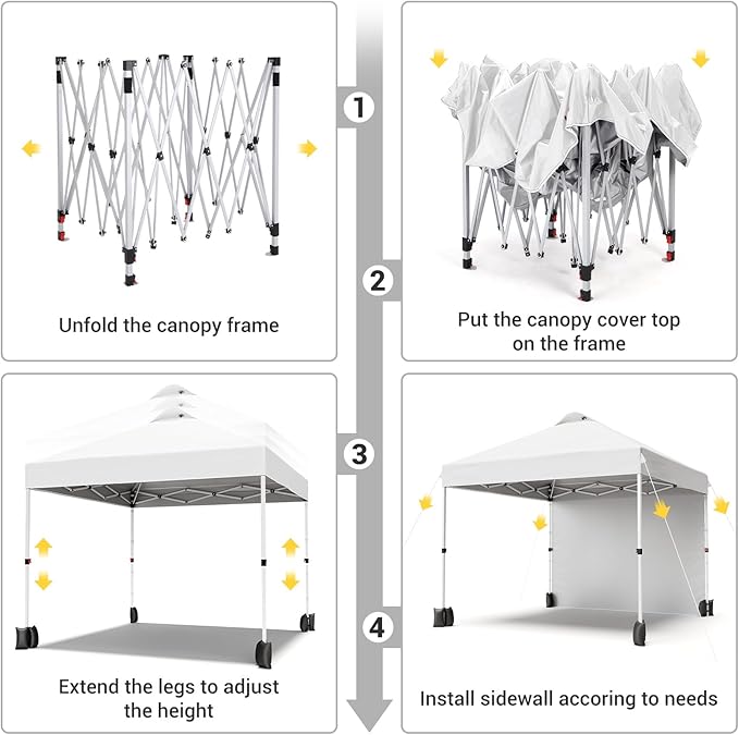 10x10ft Pop Up Canopy Tent with 1 Sidewall, Portable Instant Commercial Canopy Patio Tent with Vented Top Roller Bag 4 Sandbags 4 Ropes and 8 Tent Stakes, White