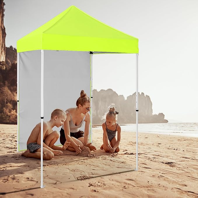 5x5 Pop Up Canopy Tent with One Sidewall, Instant Portable Beach Canopy, Outdoor Tent with Carry Bag for Camping, Sports, Tailgating, Events, Neon Green