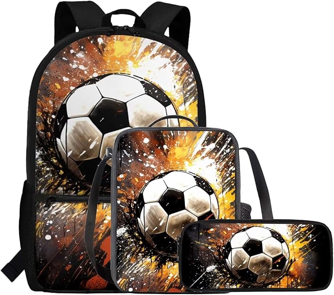Rnyleeg Soccer Backpack for Boys 5-6 Novelty Kids Backpack with Lunch Box Large Capacity School Bag Set of 3 for Primary Students Back to School Supplies