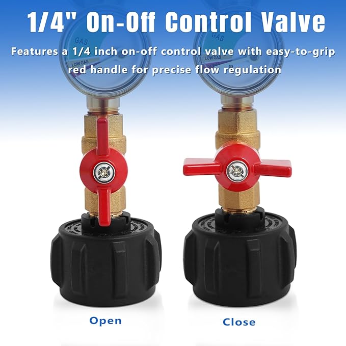 Propane Refill Adapter for 1 Lb. Tanks, Propane Adapter 20lb to 1lb Converter with On/Off Valve and Tank Gauge, for BBQ Grill Stove Camping with 2 Bottle Caps for Refillable 1 lb Cylinder, Solid Brass
