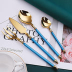 24pcs gold flaware set for 6,stainless steel silverware set,Tableware Sets for 6 Including Forks Spoons Knives, Gold knife and fork long white handle Camping Silverware Travel Utensils Set Cutlery