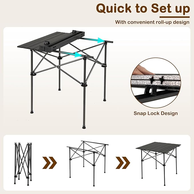Giantex Folding Roll-up Camping Table, Outdoor Lightweight Aluminium Table for 4, Portable Square Table with Carry Bag for Picnic, Hiking, BBQ, Beach, Tailgating (28"x28"x27.5",Black)