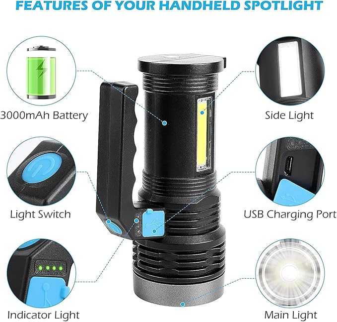 LED Flashlight High Lumens USB Rechargeable Flashlight for Camping, Hiking, Walking, Powerful Emergency Flashlight with 4 Modes for Outdoor Use, Bright Flashlight with Sidelight Lantern
