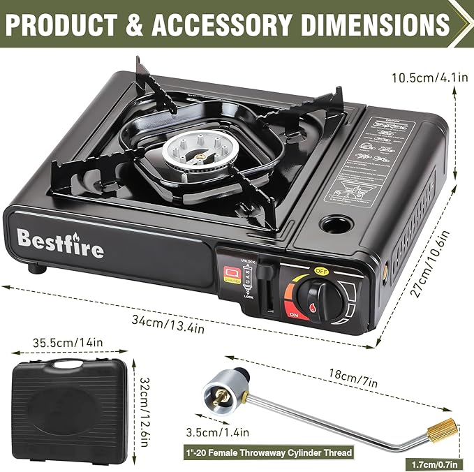 BESTFIRE Portable Dual Fuel Camping Stove – Reliable Butane & Propane Gas Stove with Carrying Case & Adapter – Single Burner for Outdoor Cooking, Tailgating & Emergency