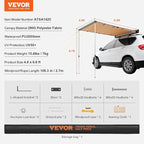VEVOR Vehicle Awning 4.6'x6.6' Roof Rack Pull-Out Sun Shade UV50+ PU3000mm, Retractable Weatherproof 4x4 Side Awning for SUV Outdoor Camping & Overland (Hardware Included), w/Waterproof Storage Bag