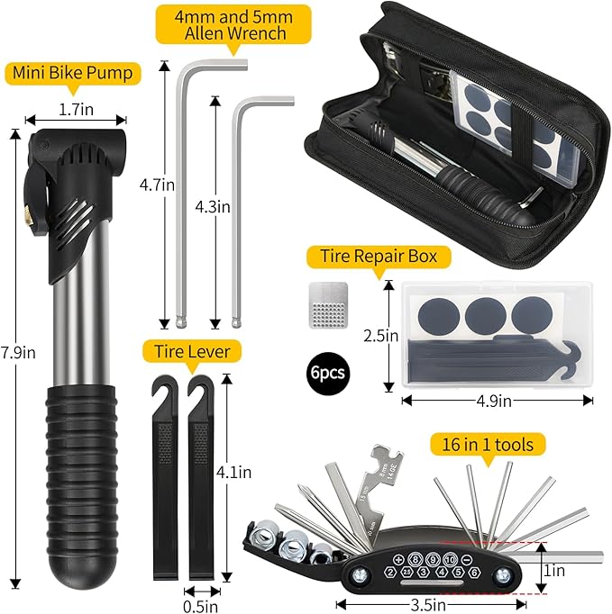 Bike Repair Kit, Bicycle Repair Bag With Tire Pump, Bike Tool Kit for Camping Travel, 16-in-1 Bike Multitool, Bicycle Tire Repair Kit, 4mm and 5mm Allen Wrenches, Used for Mountain Bike and Road Bike