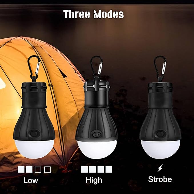 Camping Tent Lantern,LED Camping Lights,Portable Outdoor Waterproof Emergency Light Bulb,Camping Gear,Super Bright,Tent Lamp for Camping,Hiking,Party,Backpacking,Fishing,Power Failure,4 Packs(Black)