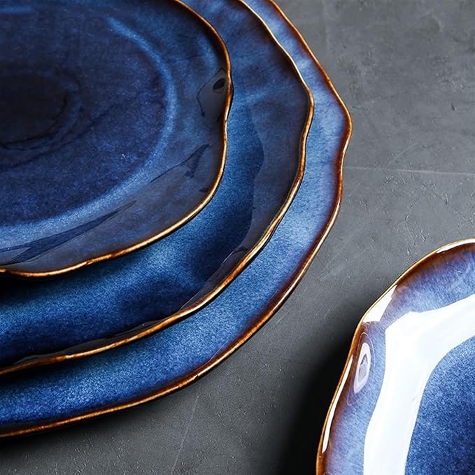 Camping Plates Creative Ceramic Dinner Plate Dark Blue Irregular Tablet Home Restaurant Western Plate Kitchen Decoration Tableware Decorative Plate(19 cm)
