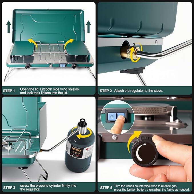 2 Burner Propane Stove, 20000BTU Portable Camping Stove with 2 Adjustable Burner and Wind Guards, Camping Cooktop with Ignition & Griddle for Camping,Tailgating, BBQ, Grilling,Outdoor Gear