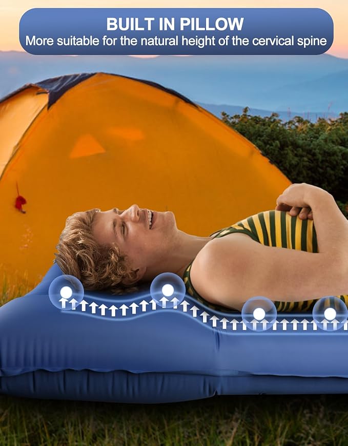 Extra Thick 5 Inch Sleeping Pad - Self Inflating Sleeping Pad with Pillow, Camping Mattress Pad with Foot Pump, Sleeping Pad Mat for Backpacking, Hiking, Traveling (Blue)