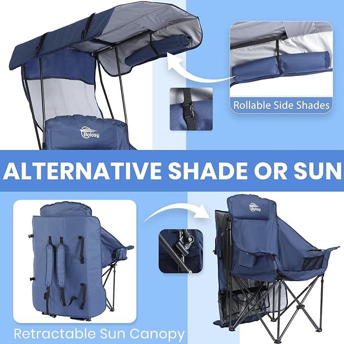 Camping Chair with Canopy Beach Chair with Canopy Shade Oversized Folding Canopy Chair for Camping, Beach, Picnics, Fishing, Sports - High Back, Padded Headrest, Cup Holder, Pocket - Support 400 LBS