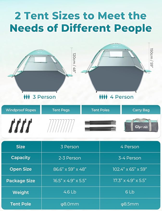 Glymnis Beach Tent Sun Shelter for 4 Person with UPF 50+ UV Protection, Lightweight & Easy Setup Beach Shade Canopy with Vent Windows & Zippered Door - Green