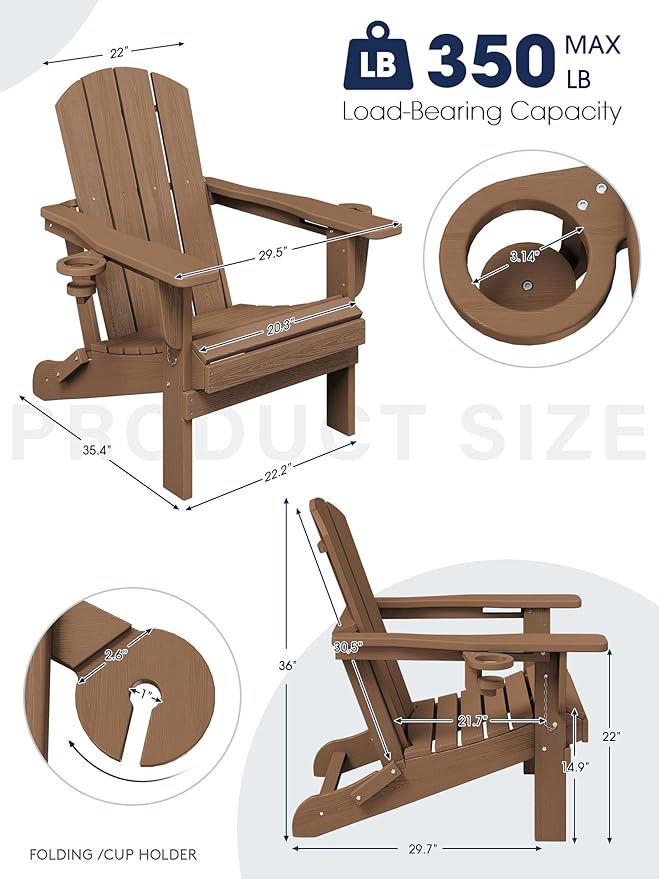 KINGYES Folding Adirondack Chair Set of 4, Dual Cup Holders & All-Weather HDPE, Wood-Like Patio Chair for Backyard, Camping, Pool & Fire Pit, Brown