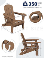 KINGYES Folding Adirondack Chair with Dual Cup Holders - HDPE All-Weather Outdoor Chairs, Wood-Like Patio Chair for Backyard, Camping, Pool & Fire Pit, Brown