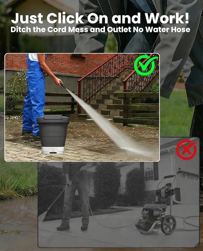 Portable Electric Pressure Washer w/3.2Gal Tank, 4-in-1 Nozzles, Max 290 PSI Foldable Cordless Pressure Washer for No Water Hose Apartment, Camping, Bike Cleaning, Garden Care and Pet Cleaning
