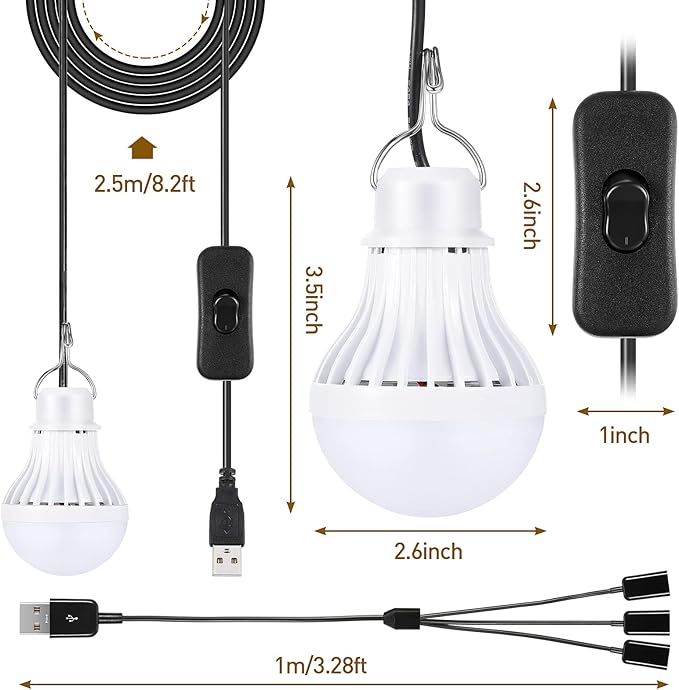 Tuanse 3pcs USB LED Light Bulbs Portable Camping Lights 5w with USB Splitter Cable 1 to 3, 8.2ft Extra Length Cord Tent Latern Outdoor Emergency Bulb for Garage Warehouse Truck Fishing Warm White