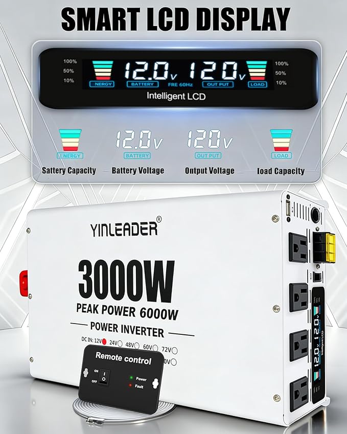3000W Power Inverter 12V to 110V/120V, Solar Inverter Remote for RV Camping Off-Grid Solar Inverter Systems