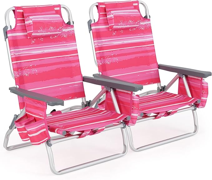 Tangkula Set of 2 Backpack Beach Chair, 5-Position Lightweight Folding Lay Flat Beach Chairs with Cooler Bag, 2 Cup Holders, Towel Bar, Backpack Straps